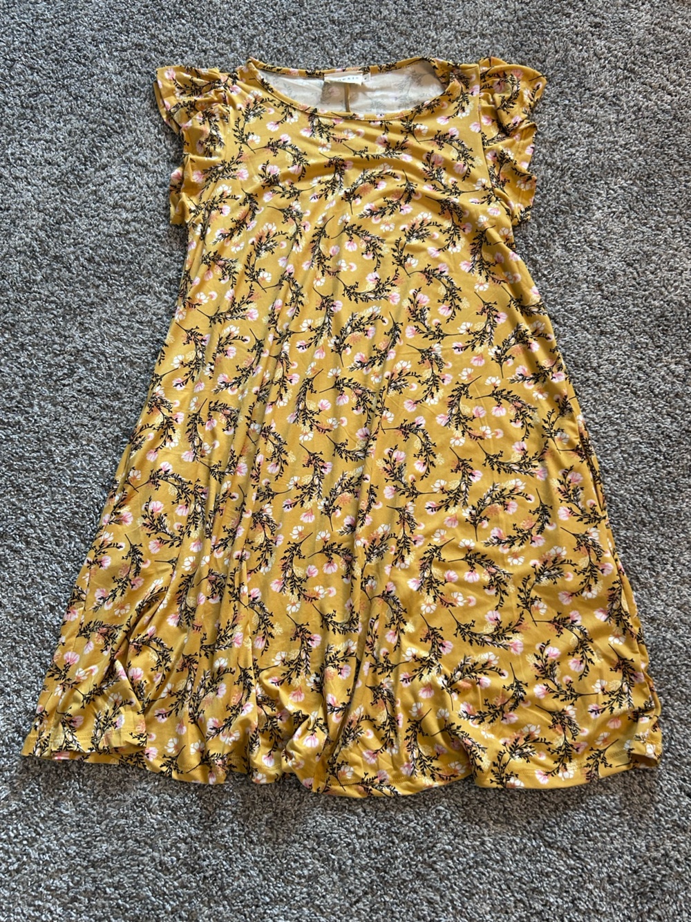 Mustard Floral Loose Fit Dress with Flutter Sleeves